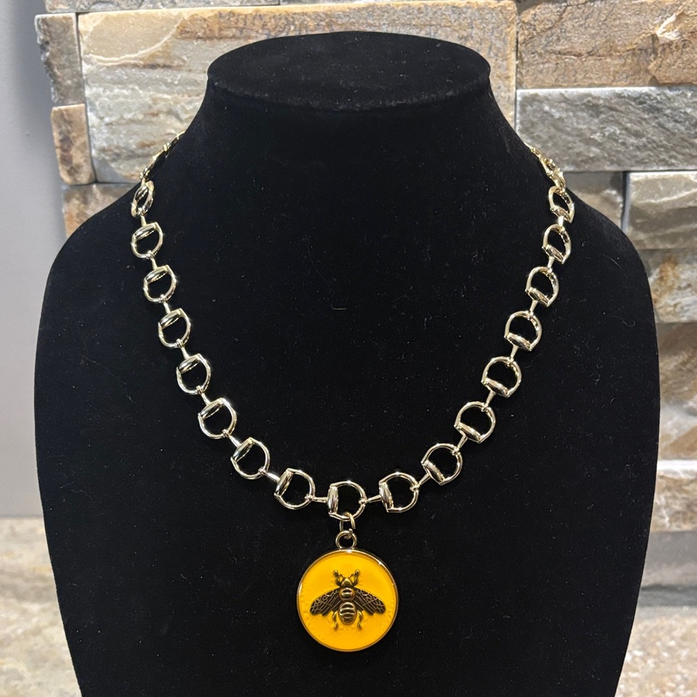 Gold Plated Horse bit Chain Necklace with  GG Yellow Bee Medallion